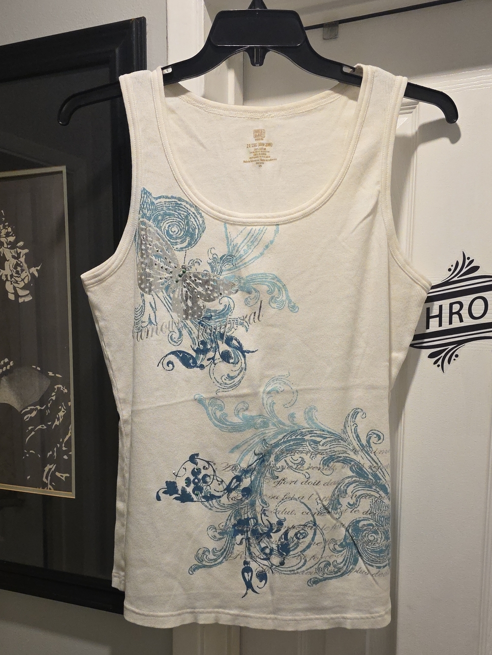 Faded Glory Tank Top with Blue Scroll & Butterfly Print